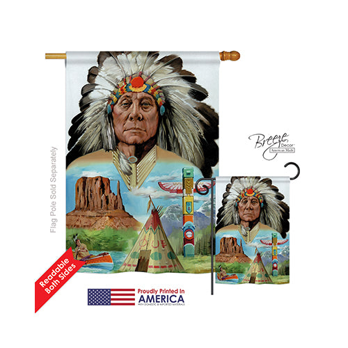 Breeze Decor 11064 Patriotic Native American 2-Sided Vertical Impression House Flag - 28 X 40 In.