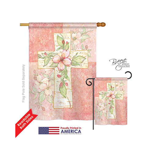 Breeze Decor 03044 Pink Flower Cross 2-Sided Vertical Impression House Flag - 28 X 40 In.