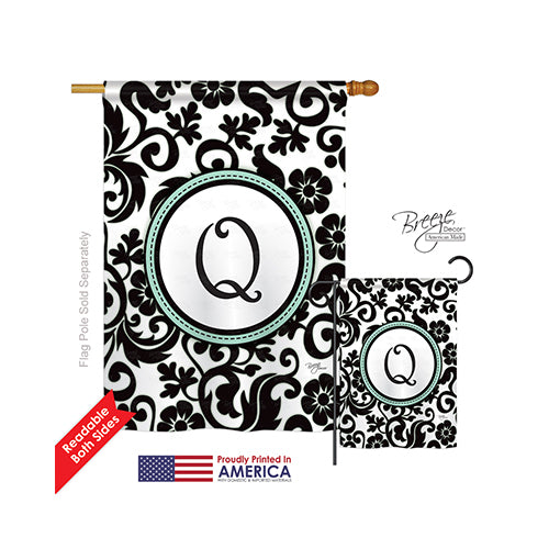 Breeze Decor 30069 Damask Q Monogram 2-Sided Vertical Impression House Flag - 28 X 40 In.