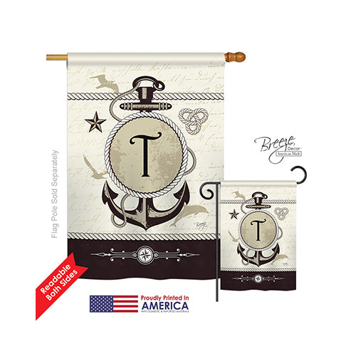 Breeze Decor 30202 Nautical T Monogram 2-Sided Vertical Impression House Flag - 28 X 40 In.