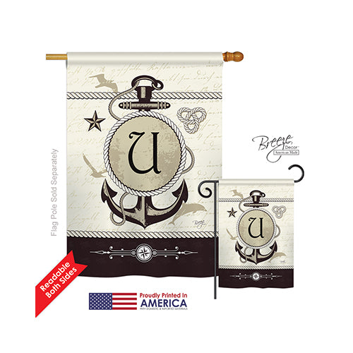 Breeze Decor 30203 Nautical U Monogram 2-Sided Vertical Impression House Flag - 28 X 40 In.