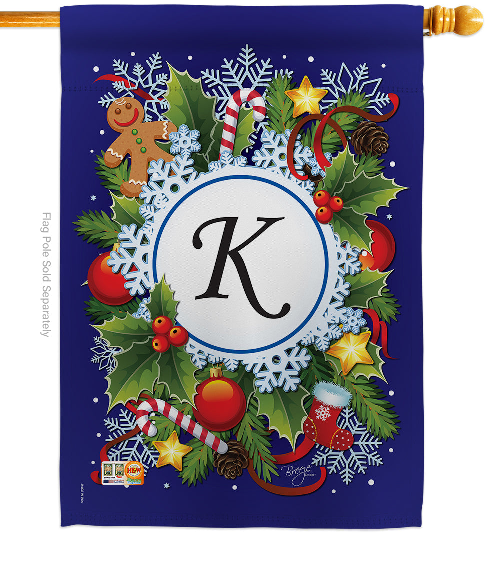 Breeze Decor 30089 Winter K Monogram 2-Sided Vertical Impression House Flag - 28 X 40 In.