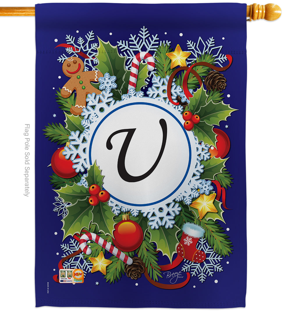 Breeze Decor 30099 Winter U Monogram 2-Sided Vertical Impression House Flag - 28 X 40 In.