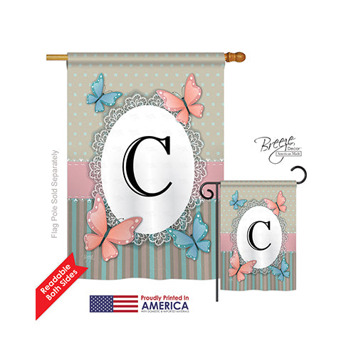Breeze Decor 30133 Butterflies C Monogram 2-Sided Vertical Impression House Flag - 28 X 40 In.