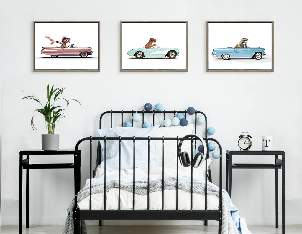 Sylvie Dino Driving 1958 Blue Corvette Framed Canvas by Saint and Sailor Studios