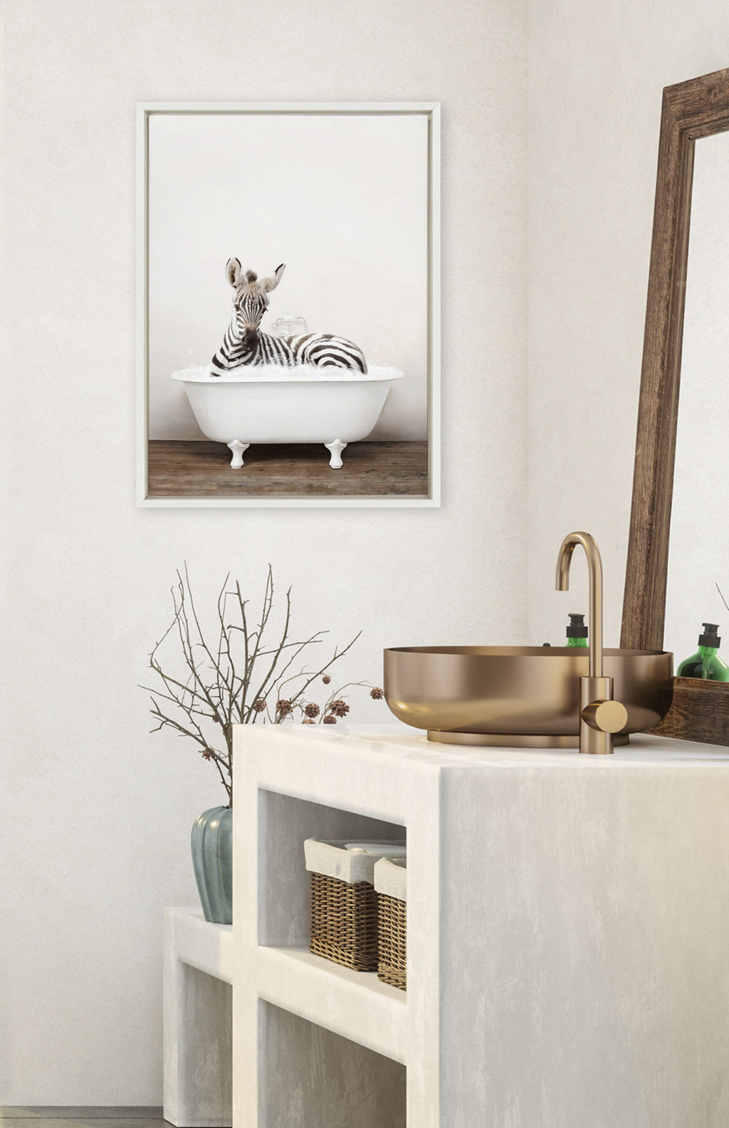 Sylvie Baby Zebra in Rustic Bath Framed Canvas by Amy Peterson Art Studio
