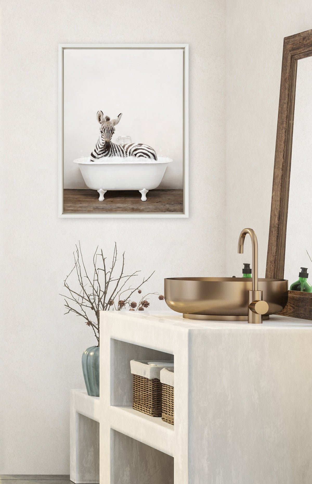 Sylvie Baby Zebra in Rustic Bath Framed Canvas by Amy Peterson Art Studio