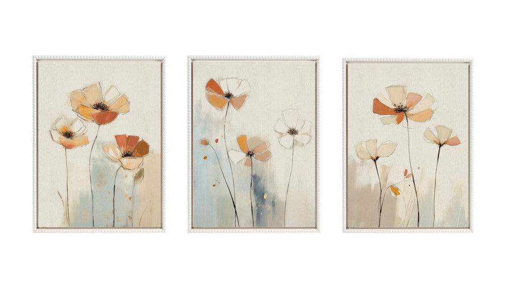 Sylvie Neutral Blue Elegant Country Wildflowers Framed Canvas Art Set by The Creative Bunch Studio