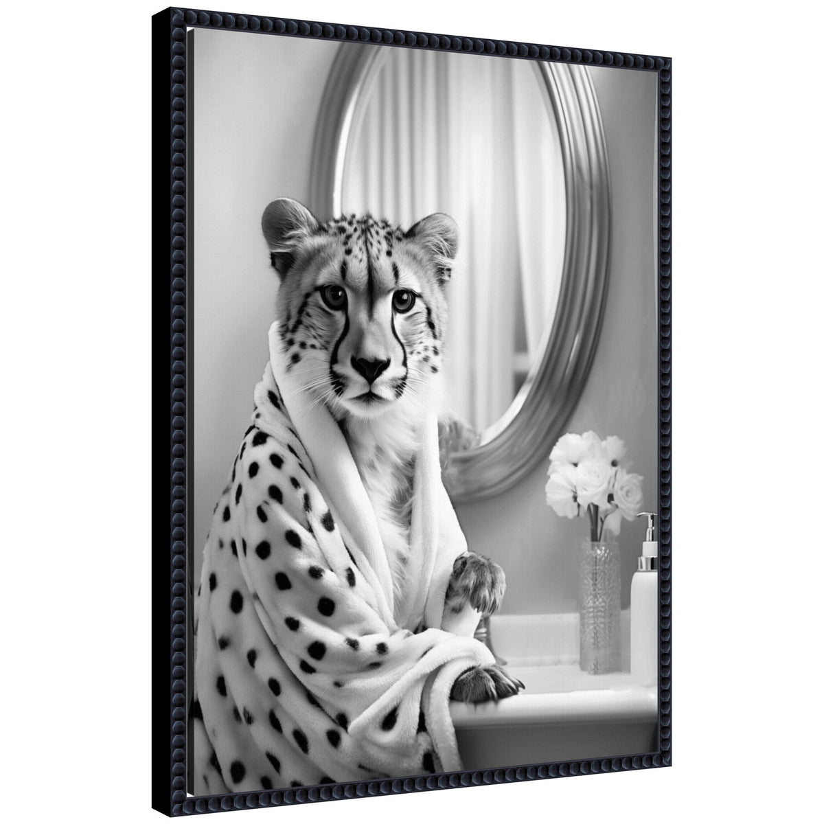 Sylvie Cheetah Glam Bathroom Towel Robe Black and White Framed Canvas by The Creative Bunch Studio