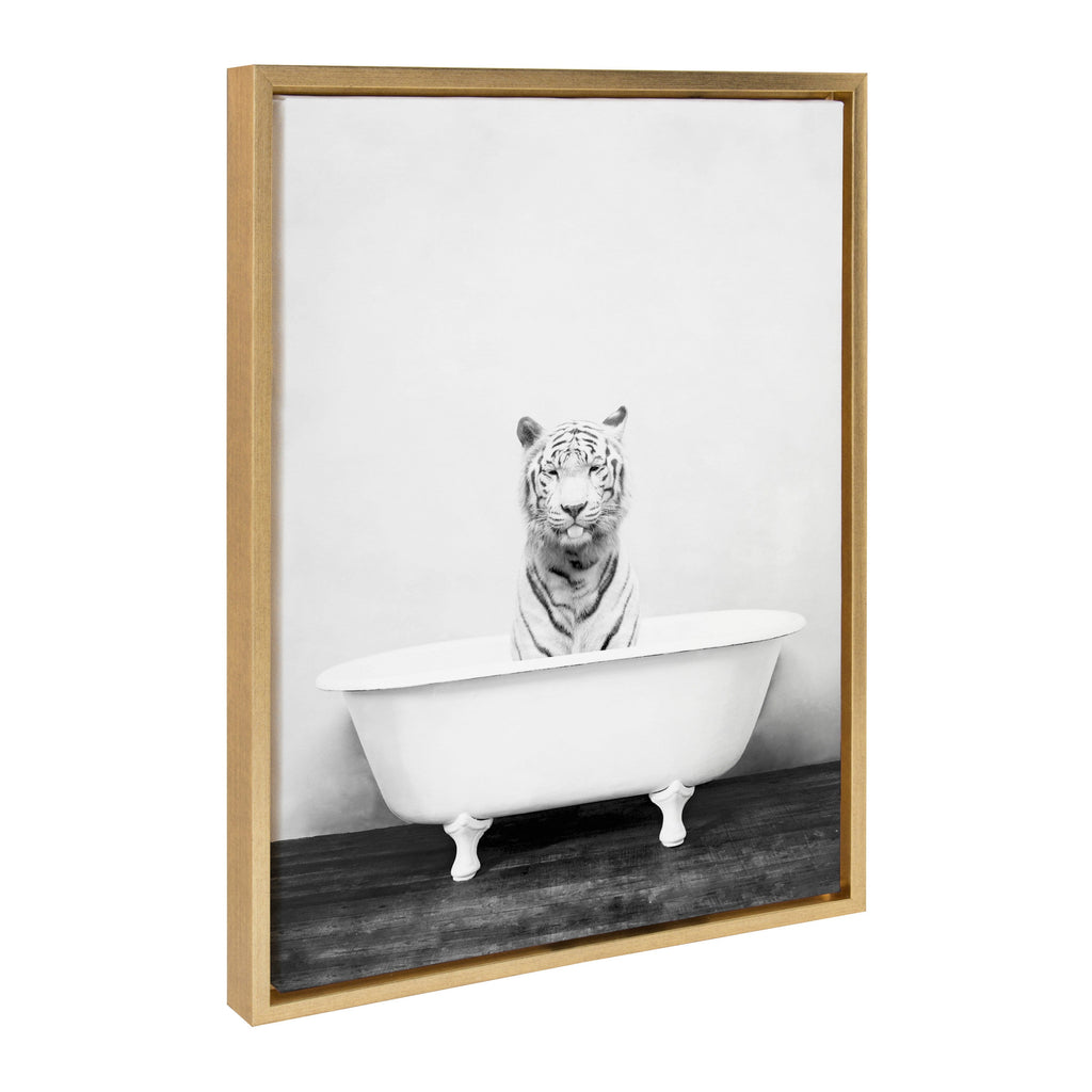 Sylvie White Tiger in The Bathtub Framed Canvas by Amy Peterson