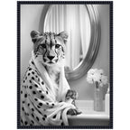 Sylvie Cheetah Glam Bathroom Towel Robe Black and White Framed Canvas by The Creative Bunch Studio
