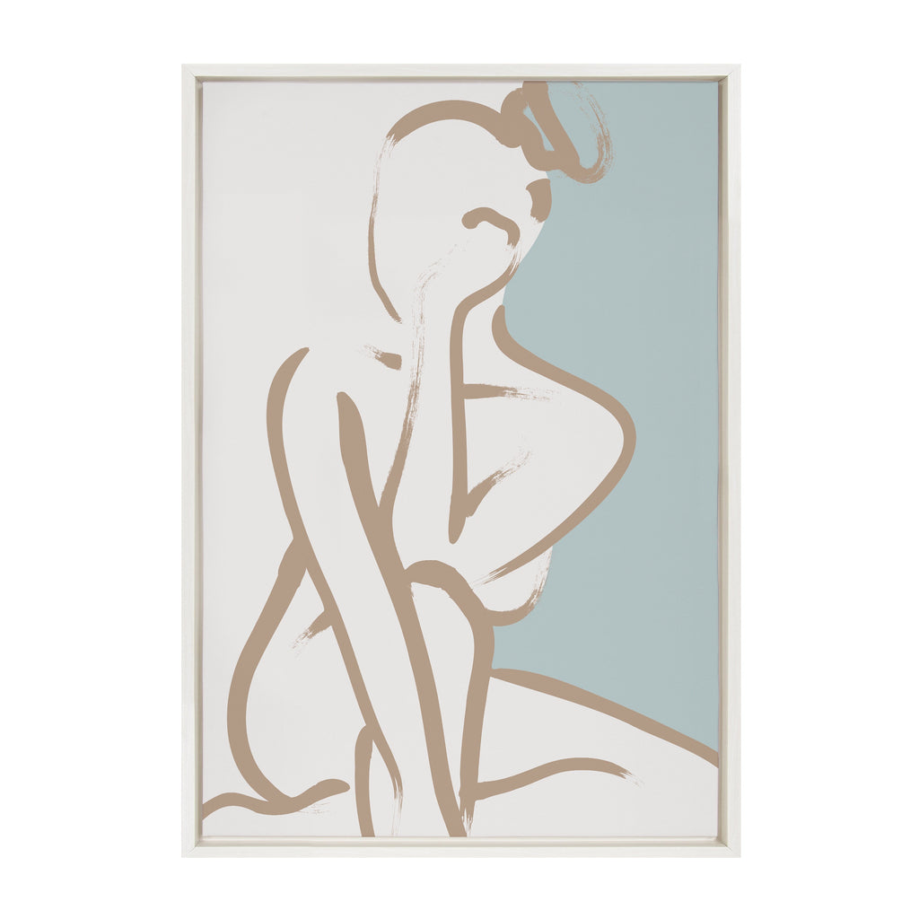 Sylvie Simple Romantic Line Art Drawing 1 Tan and Teal Framed Canvas by The Creative Bunch Studio