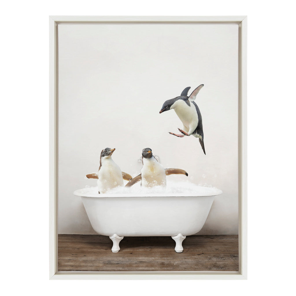Sylvie Penguins Playing in Rustic Bath Framed Canvas by Amy Peterson Art Studio
