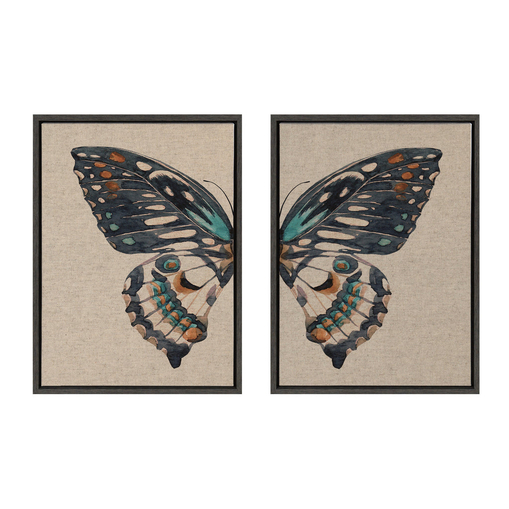 Sylvie Boho Butterfly Watercolor Diptych Neutral Linen Framed Canvas Art Set by The Creative Bunch Studio