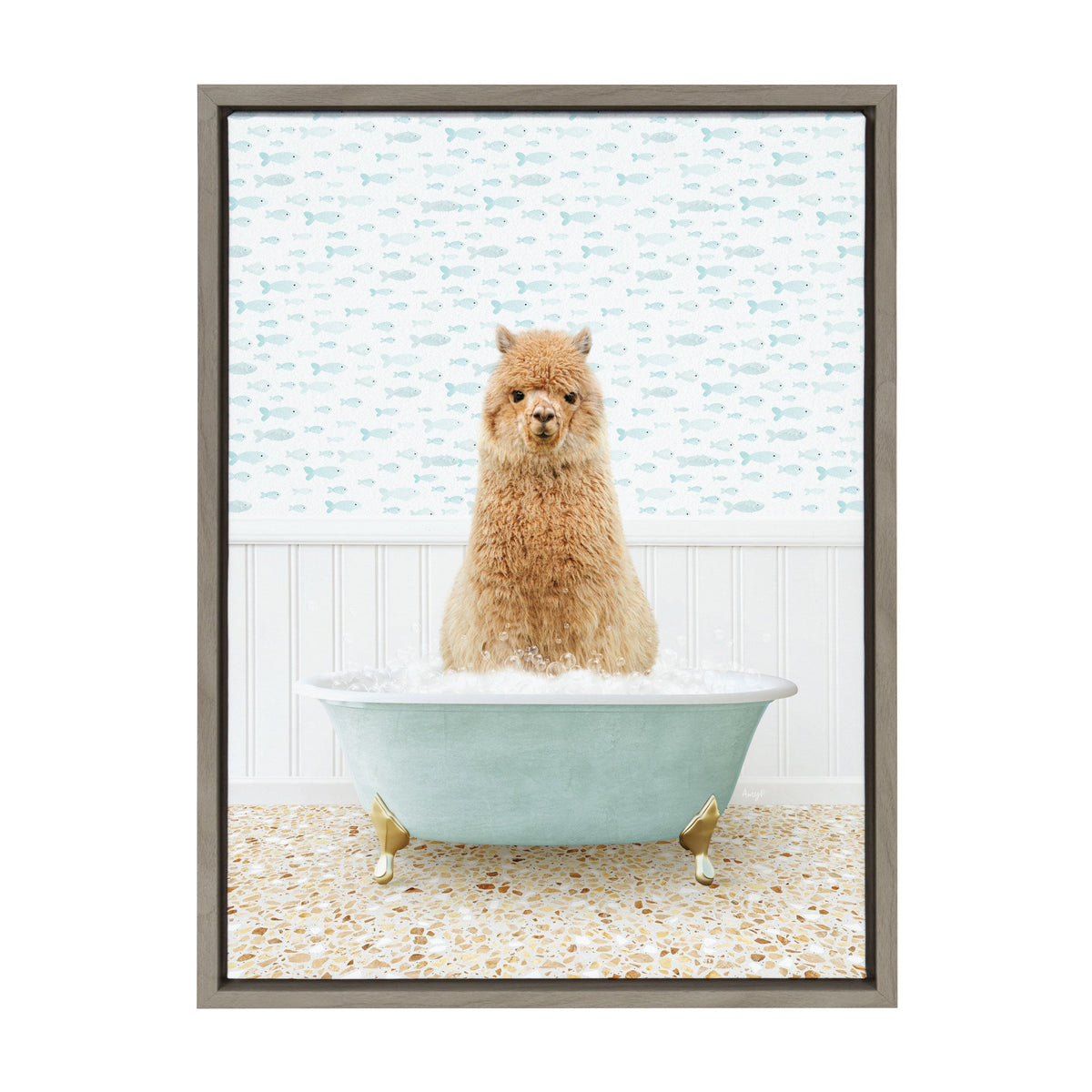 Sylvie Alpaca in Little Fish Bath Framed Canvas by Amy Peterson Art Studio