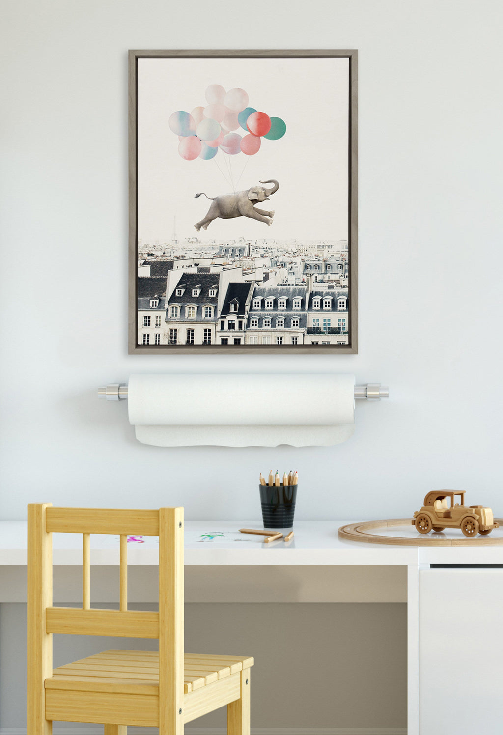 Sylvie Happy Elephant in Paris Framed Canvas by July Art Prints