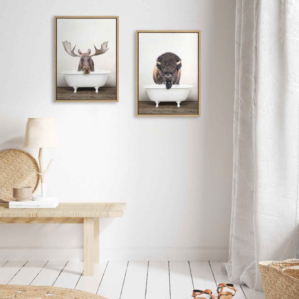 Sylvie Bison Rustic Bubble Bath and Moose Rustic Bubble Bath Framed Canvas by Amy Peterson Art Studio