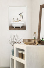 Sylvie Penguins Playing in Rustic Bath Framed Canvas by Amy Peterson Art Studio