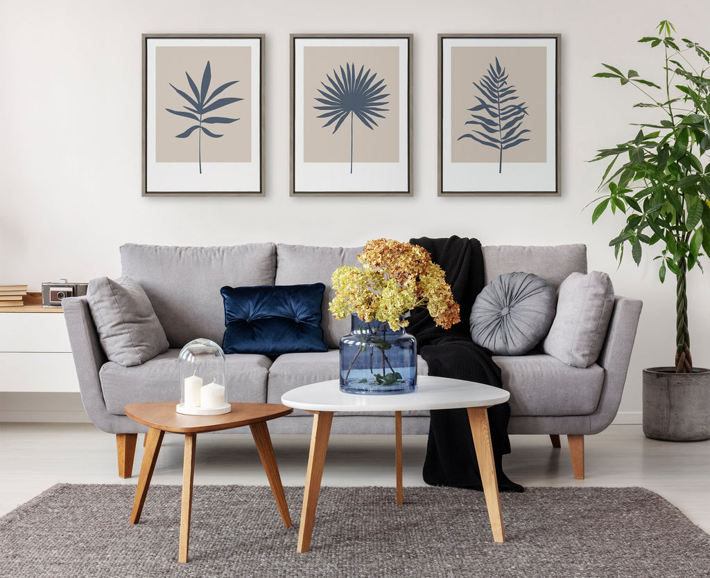 Sylvie Muted Tan and Blue Colorblock Botanical Leaf Framed Canvas by The Creative Bunch Studio