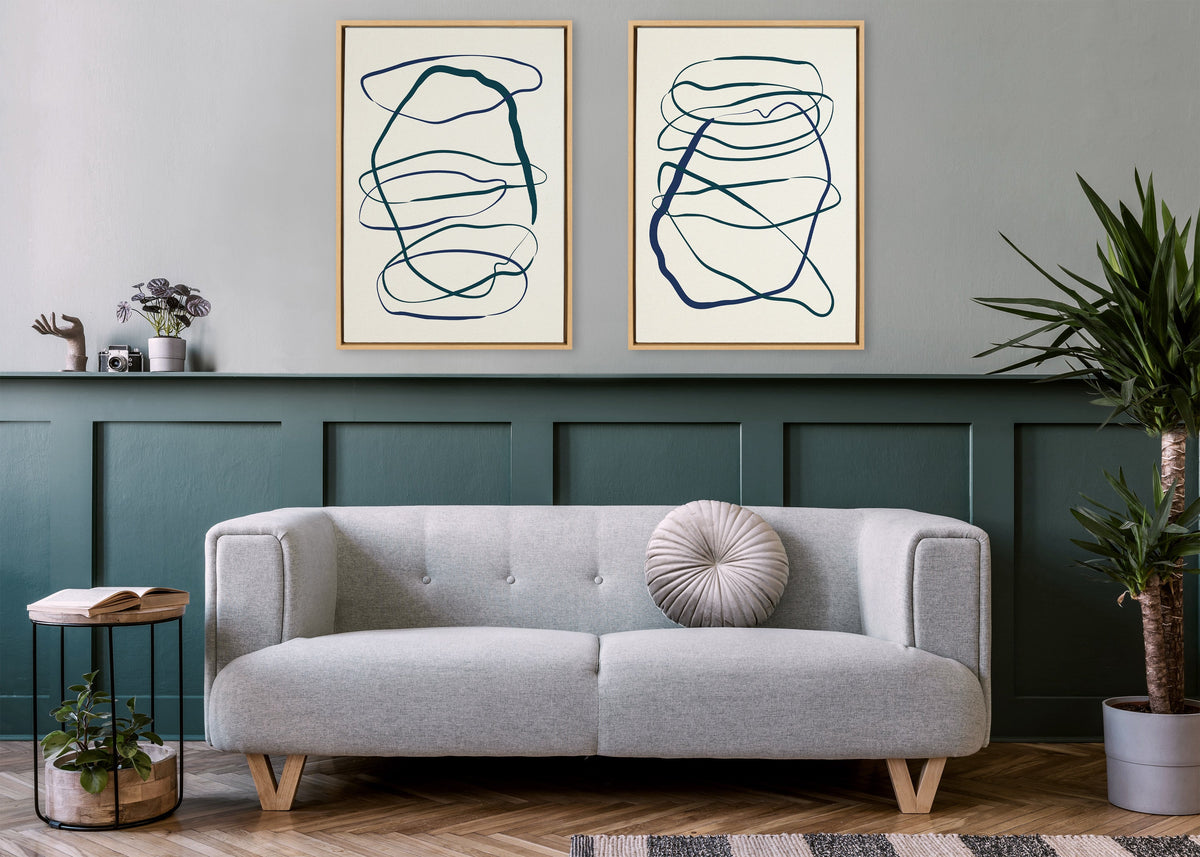 Sylvie Blue and Green Expressive Abstract 1 and 2 Framed Canvas Art Set by The Creative Bunch Studio