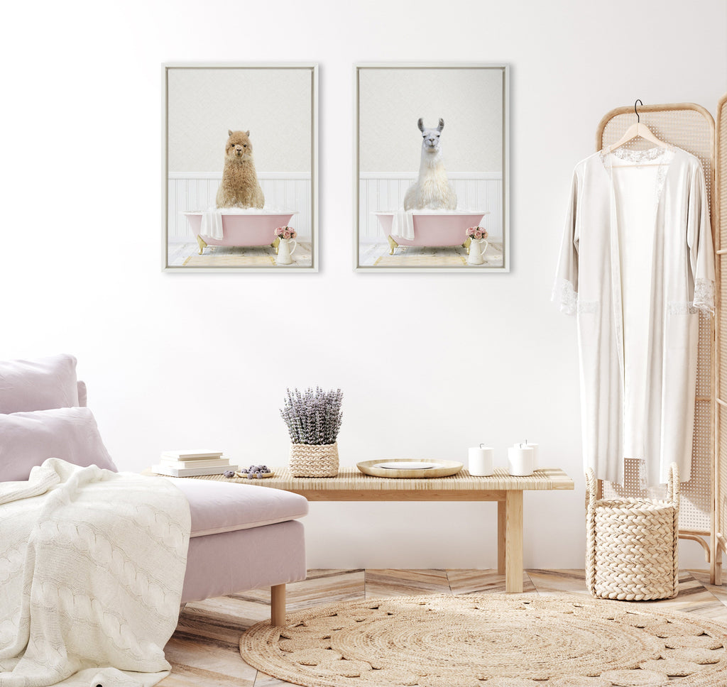 Sylvie Llama in Cottage Rose Bath Framed Canvas by Amy Peterson Art Studio