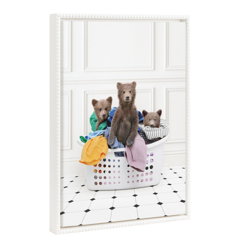 Sylvie Beaded Three Bears In Laundry Basket Classic White Style Framed Canvas by Amy Peterson