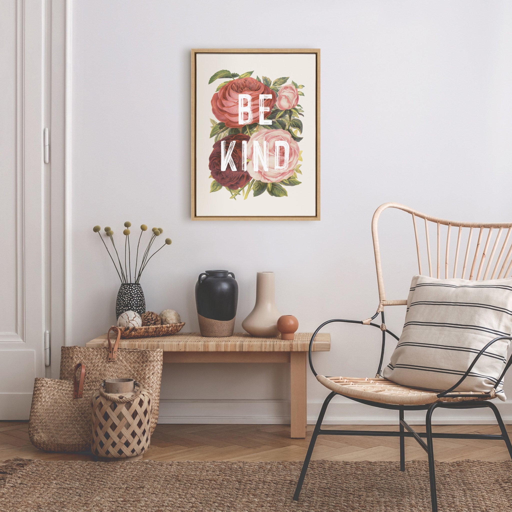 Sylvie Vintage Flowers Be Kind Framed Canvas by The Creative Bunch Studio