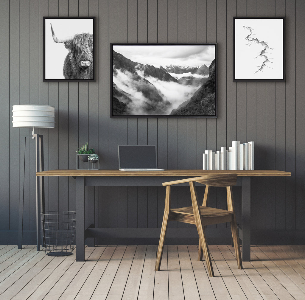 Sylvie BW Highland Cow No. 1 , Mountains, and Inca Trail Black and White Framed Canvas by Various Artists