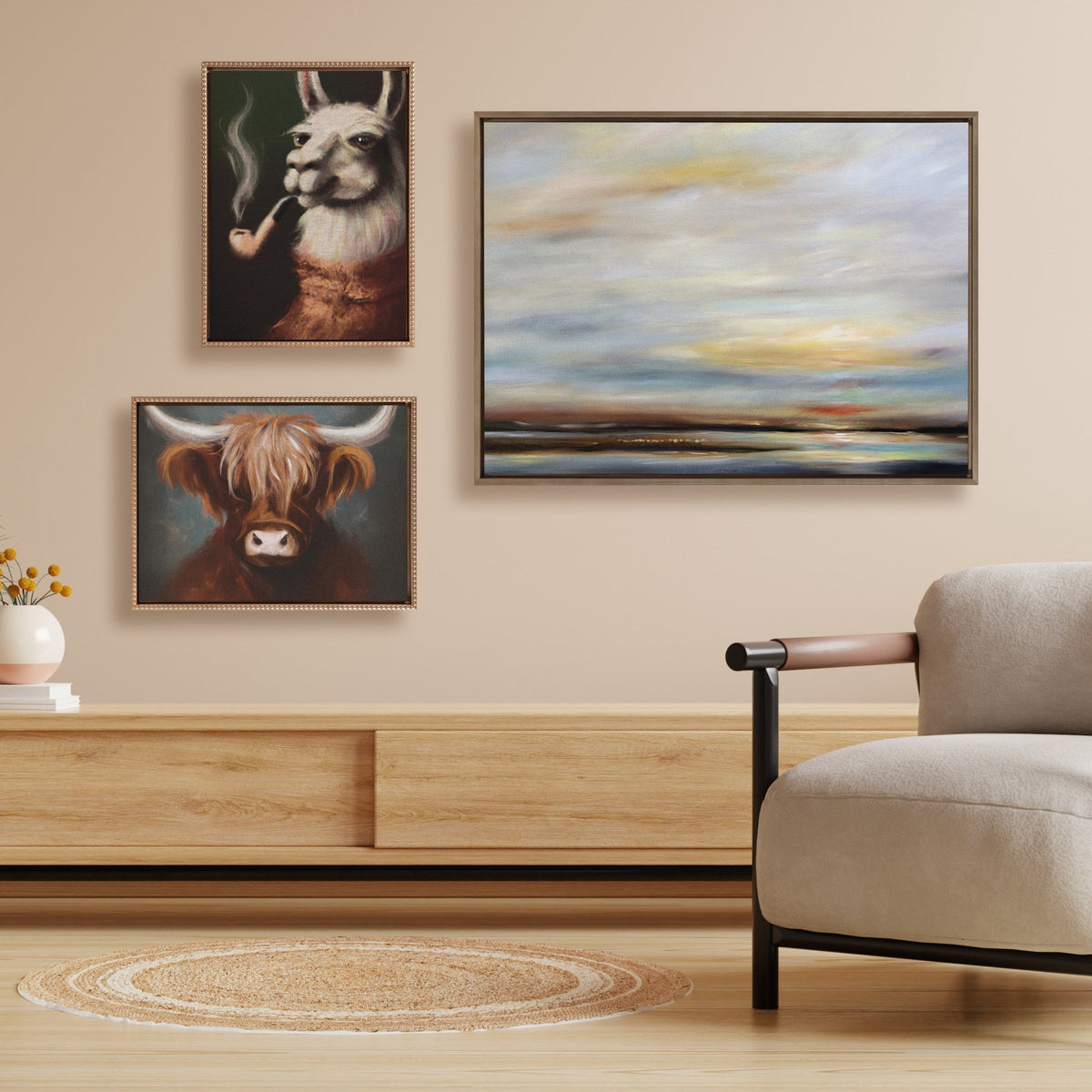 Sylvie Beaded Alpaca Pipe Portrait on Neutral Linen Framed Canvas by The Creative Bunch Studio