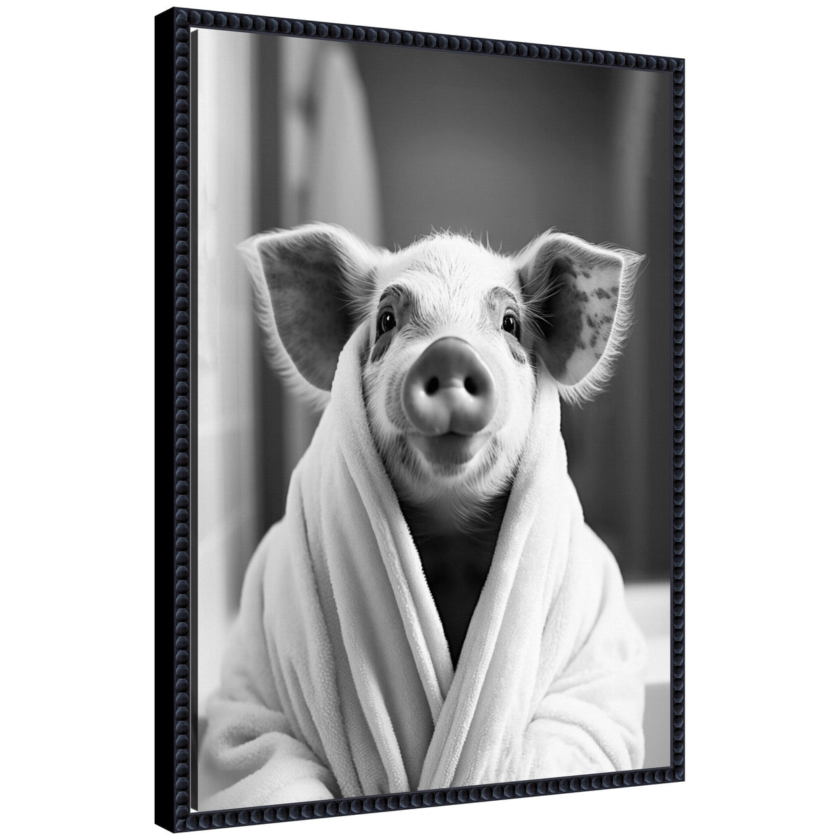 Sylvie Pig Bathroom Art Towel Robe Black and White Framed Canvas by The Creative Bunch Studio
