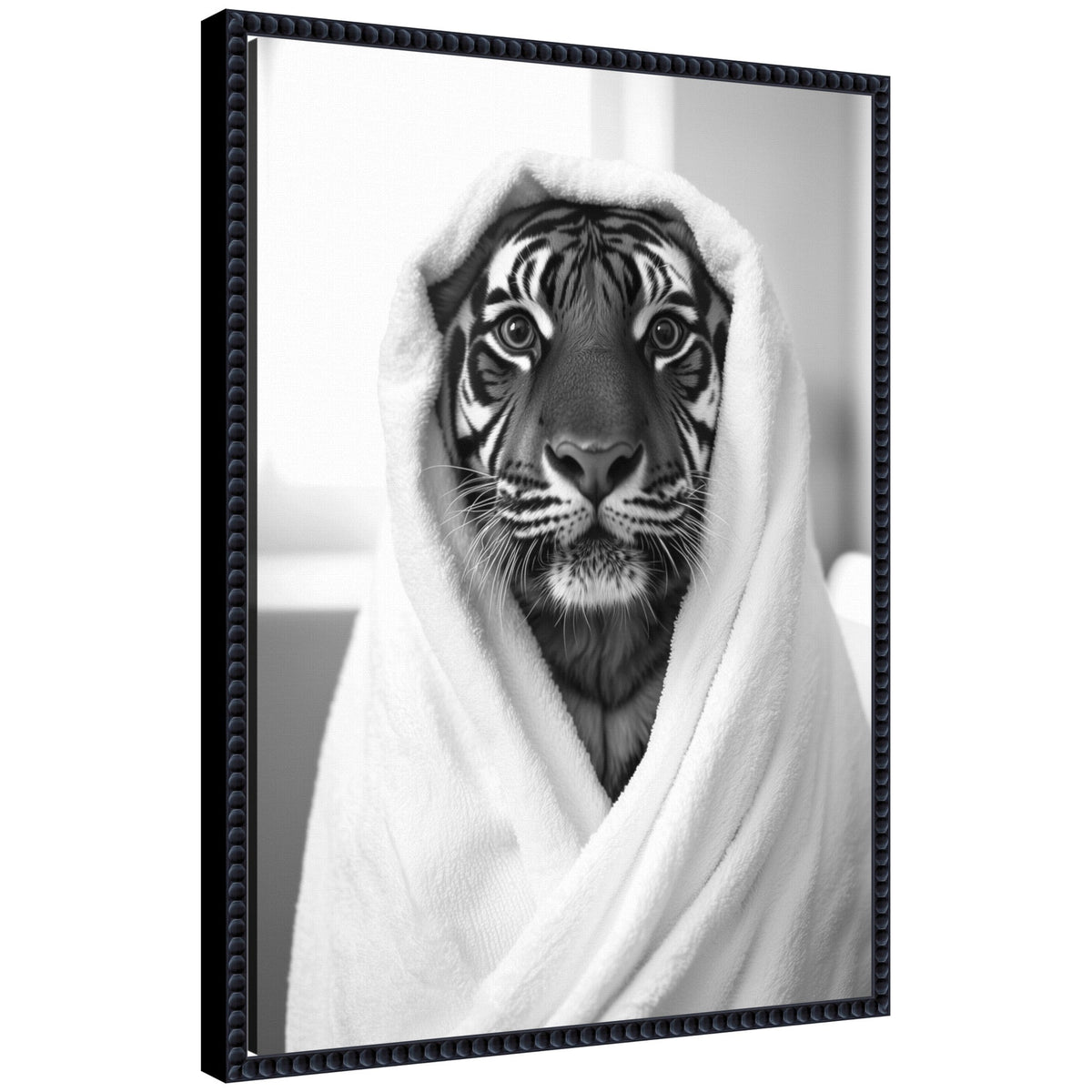 Sylvie Tiger Bathroom Art Towel Robe Black and White Framed Canvas by The Creative Bunch Studio