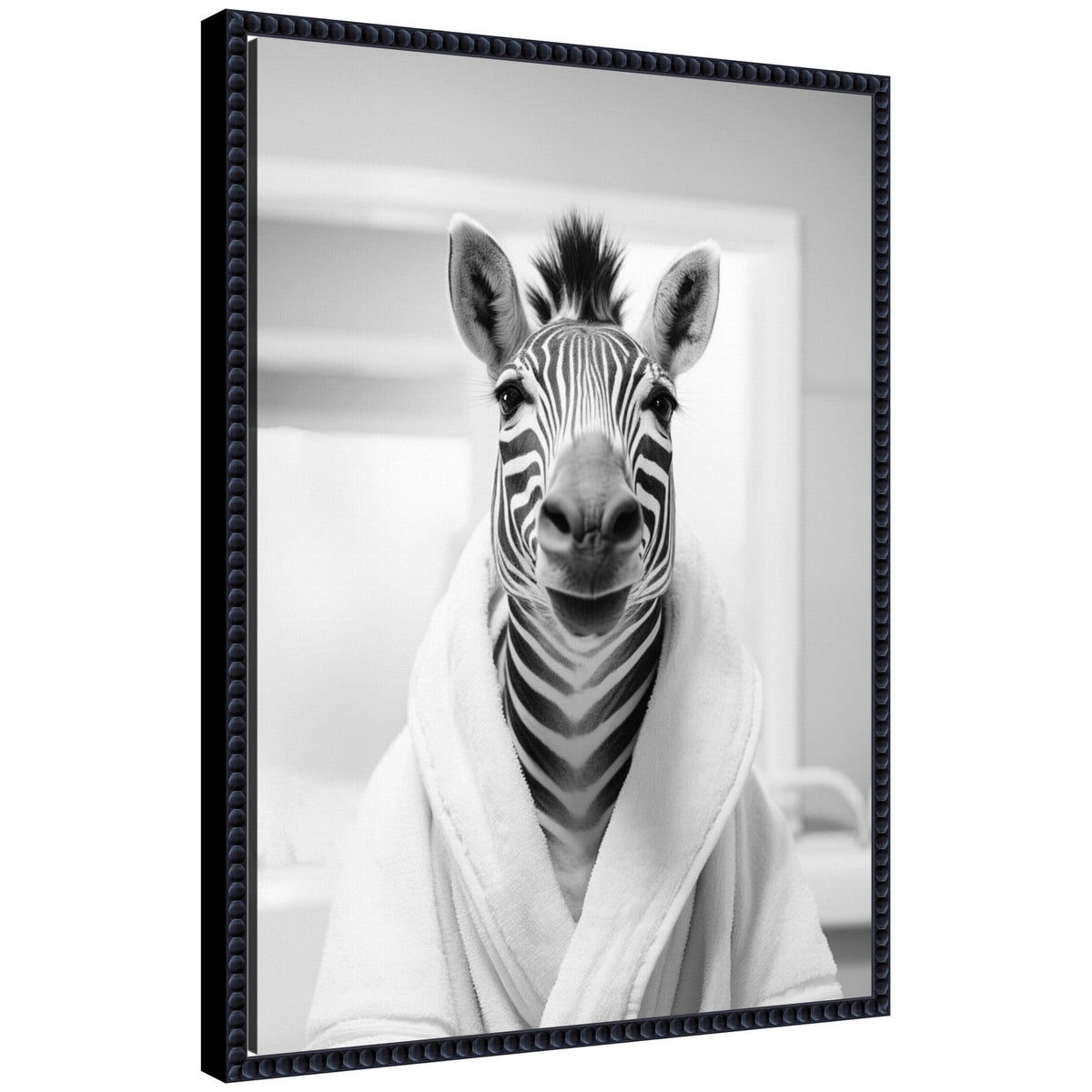 Sylvie Zebra Bathroom Art Towel Robe Black and White Framed Canvas by The Creative Bunch Studio