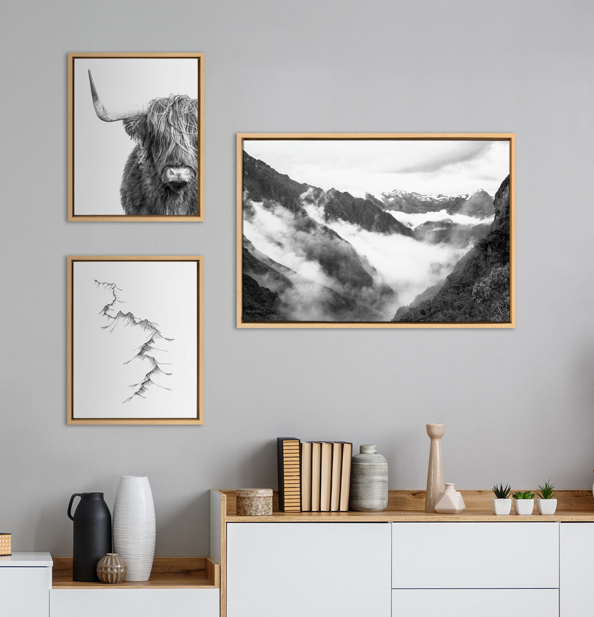 Sylvie BW Highland Cow No. 1 , Mountains, and Inca Trail Black and White Framed Canvas by Various Artists