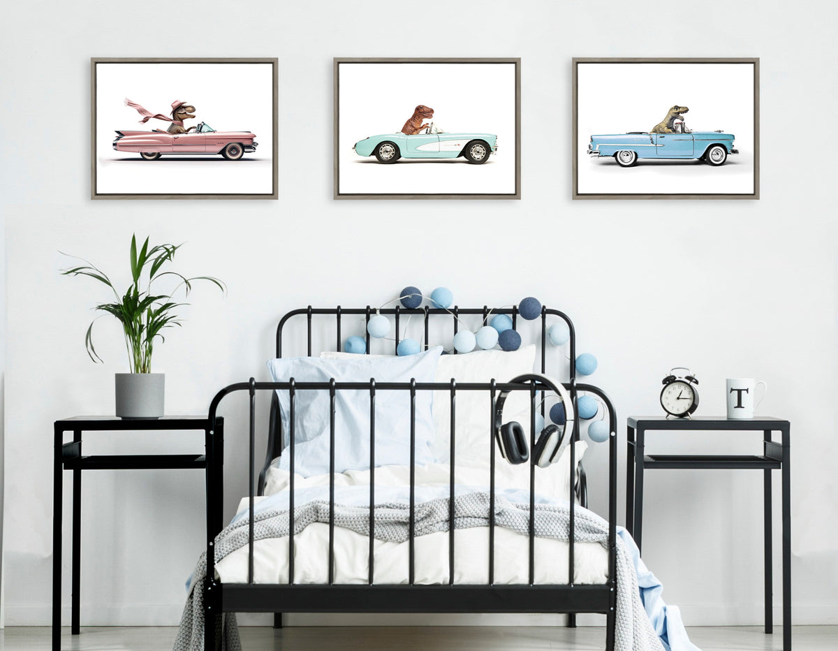 Sylvie T Rex Driving 1957 Aqua Chevy Framed Canvas by Saint and Sailor Studios