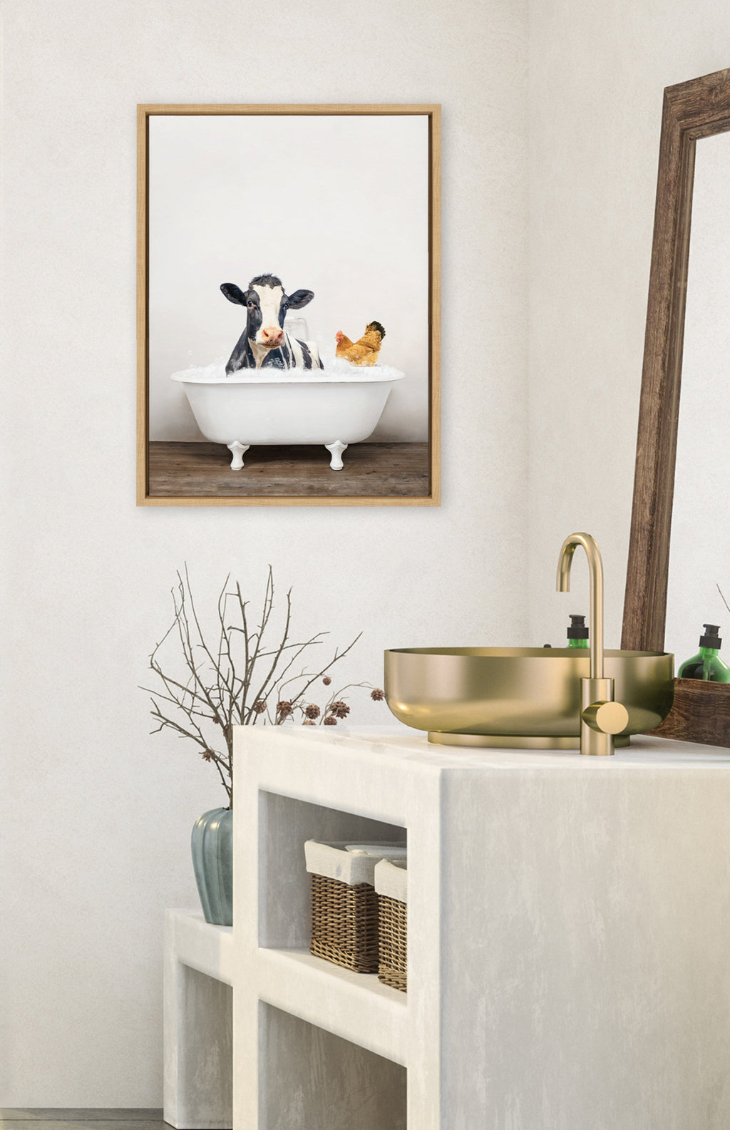 Sylvie Cow and Chicken in Rustic Bath Framed Canvas by Amy Peterson Art Studio