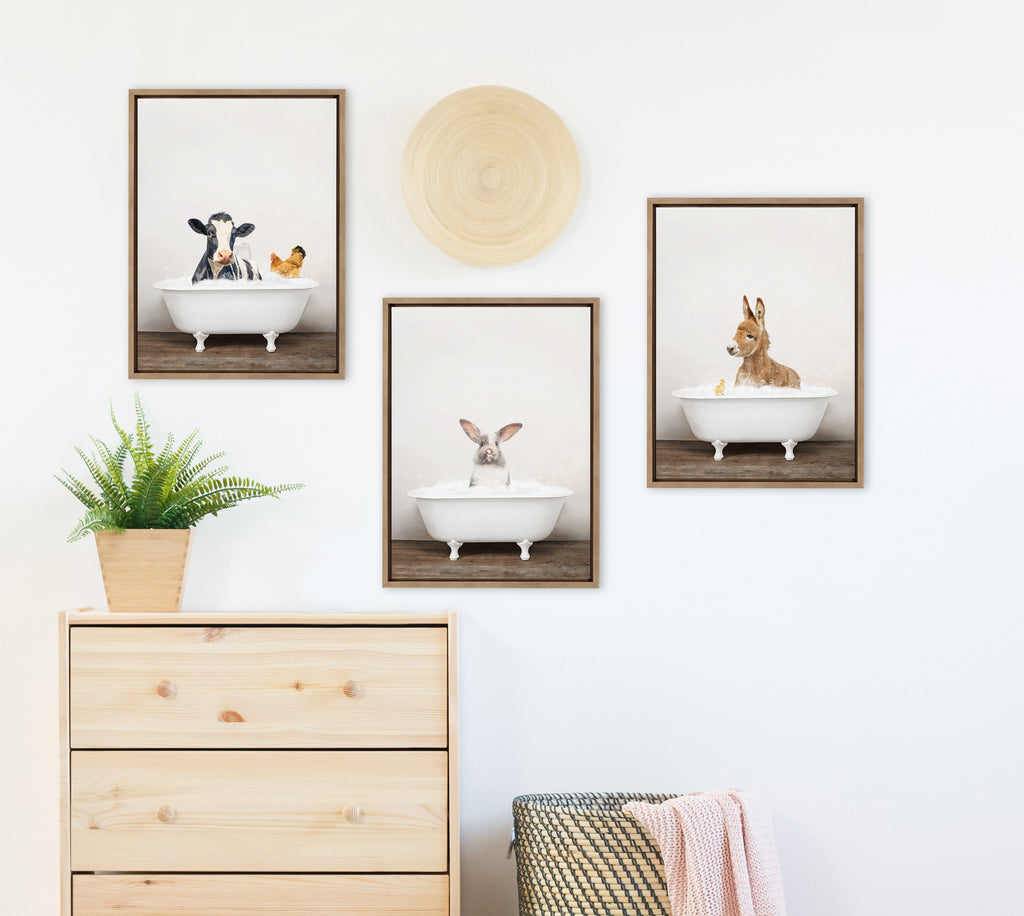 Sylvie Cow and Chicken in Rustic Bath Framed Canvas by Amy Peterson Art Studio