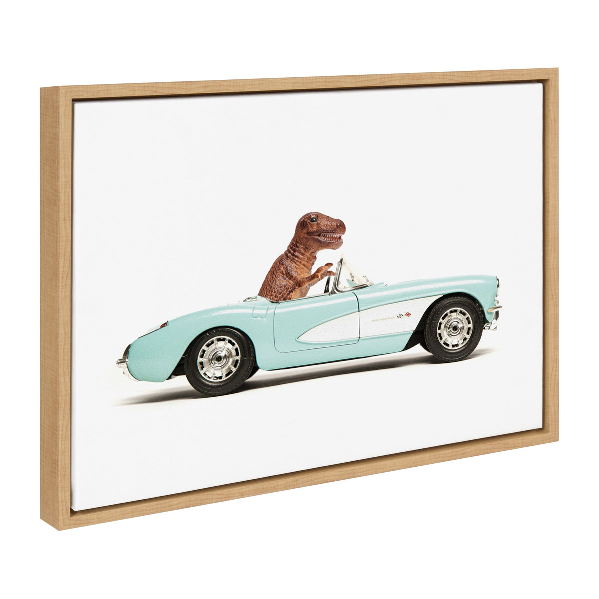 Sylvie T Rex Driving 1957 Aqua Chevy Framed Canvas by Saint and Sailor Studios