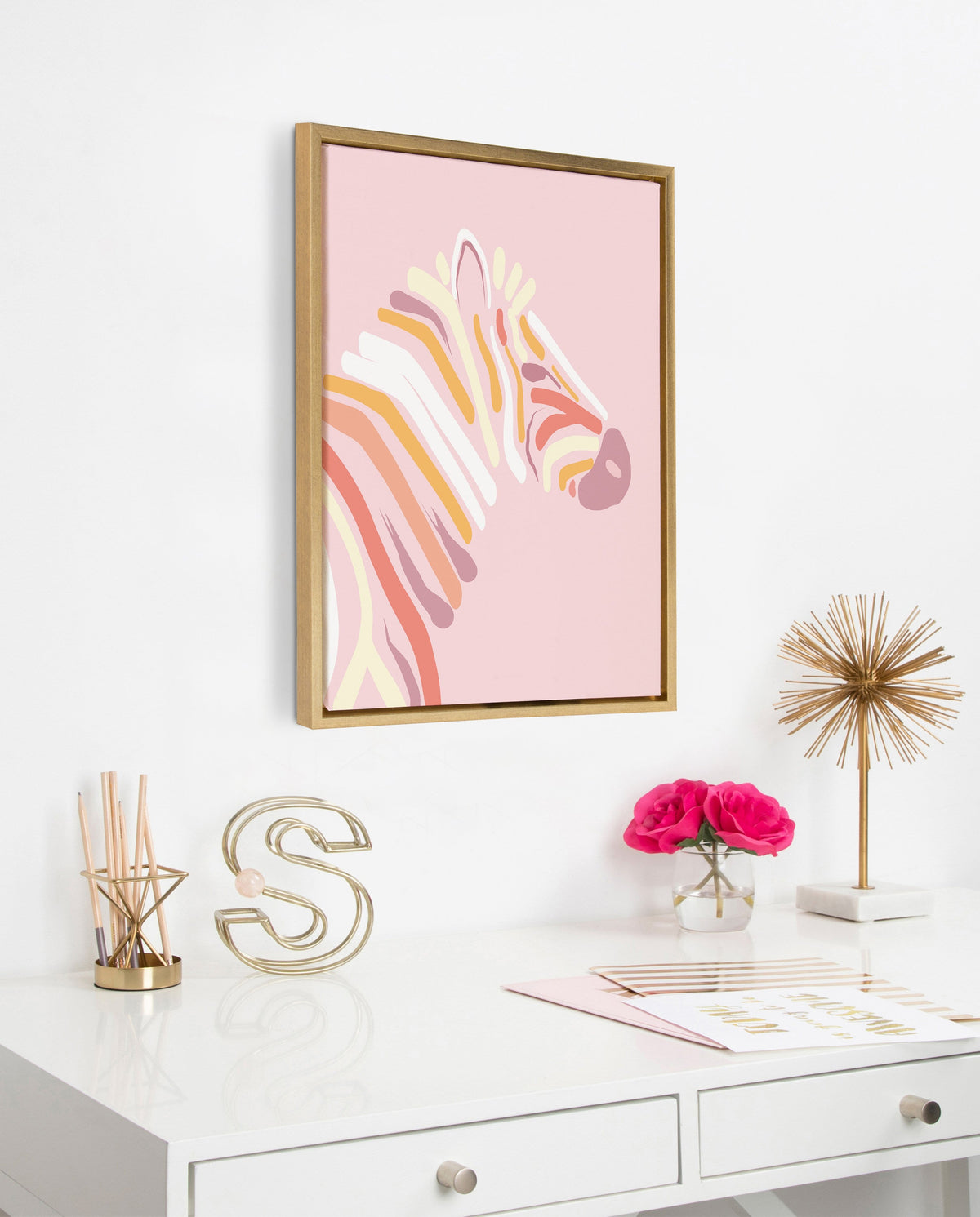 Sylvie Pink Zebra Framed Canvas by Dominique Vari