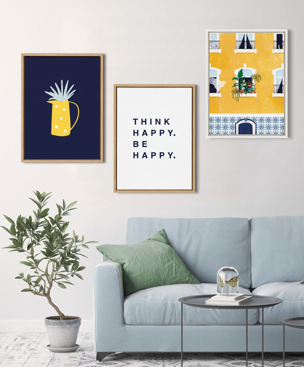 Sylvie Think Happy Be Happy Blue Framed Canvas by Maggie Price