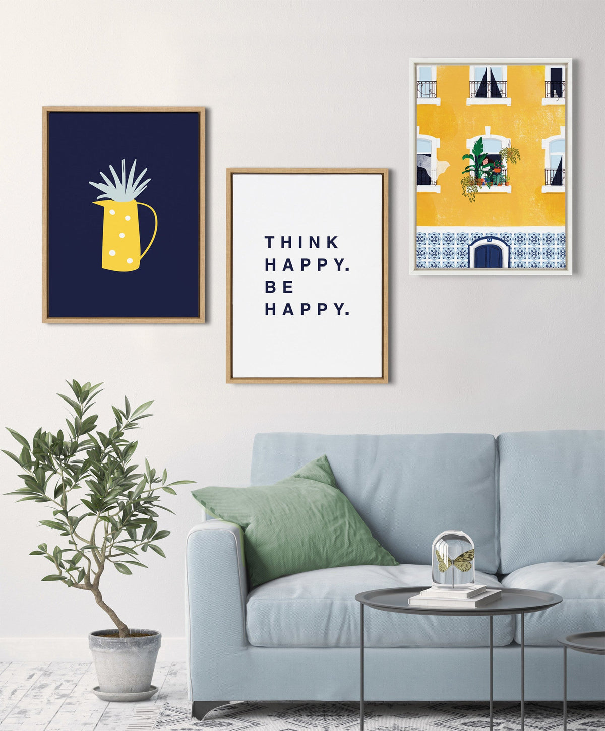 Sylvie Think Happy Be Happy Blue Framed Canvas by Maggie Price