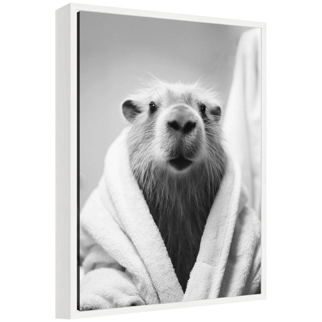 Sylvie Capybara Bathroom Art Towel Robe Black and White Framed Canvas by The Creative Bunch Studio