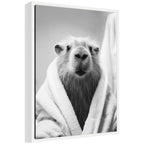 Sylvie Capybara Bathroom Art Towel Robe Black and White Framed Canvas by The Creative Bunch Studio