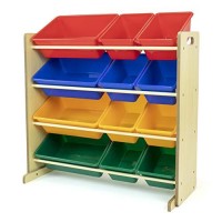 Tot Tutors Kids Toy Storage Organizer With 12 Plastic Bins, Natural/Primary (Primary Collection)