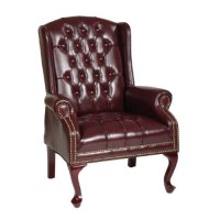 Office Star Thick Padded Vinyl Tufted High Back Traditional Queen Anne Style Chair With Nailhead Accents And Mahogany Finish Legs, Jamestown