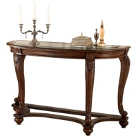 Signature Design By Ashley Norcastle Traditional Half Moon Sofa Table With Beveled Glass Top And Scrollwork Legs, Dark Brown