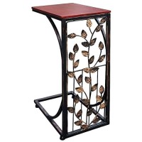 Sofa Side And End Table, Small - Metal, Dark Brown Wood Top With Leaf Design - Perfect For Your Living Room, Slides Up To Sofa Chair Recliner - Keep Snacks, Drinks Books & Phone At Easy Reach