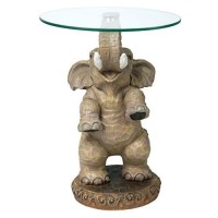 Design Toscano Good Fortune Elephant African Decor Glass Topped Side Table, 21 Inch, Polyresin, Full Color -
