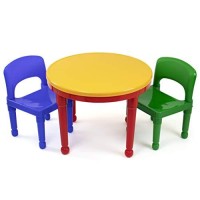 Humble Crew, Red/Green/Blue Kids 2-In-1 Plastic Building Blocks-Compatible Activity Table And 2 Chairs Set, Round, Primary Colors
