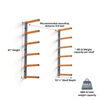 Bora Wood Organizer And Lumber Storage Metal Rack With 6-Level Wall Mount - Indoor And Outdoor Use, In Orange | Pbr-001