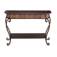 Deco 79 Metal Floral Embossed 1 Shelf Console Table With Ornate Scroll Legs, 43 X 14 X 32, Brown